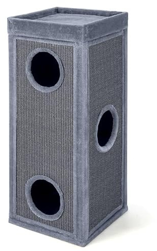 GOPLUS Tonneau à Gratter pour Chat à 4 Niveaux, 40x40x100CM (Gris) | Tour à Griffer en Sisal pour Chat, Bord en Peluche, 3 Cachettes, Plateforme de Couchage Supérieur avec Coussin Amovible