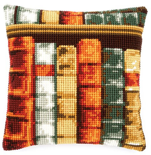 Vervaco Kreuzstich Stickpackungen Kissen Stickerei Set Anfänger Vorgedruckt Bücher DIY Set Kreativ Set Für Erwachsene Dekoratives Kissen ca. 40 x 40 cm Bastelset Handwerker Haus Dekoration