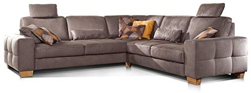 Cavadore Ecksofa Puccino mit Federkern, verstellbarer Rückenlehne und 2 Kopfstützen / Sofa gleichschenklig in L-Form im Landhaus-Design / 276 x 86 x 271 cm / Mikrofaser hellbraun