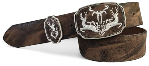 FRONHOFER Trachtengürtel Ledergürtel Vollrindleder 4 cm Vintage, Koppelschnalle altsilber mit Hirsch Stickerei, Bundweite 95-125 cm, Damen Herren, Lederhose Jagd, Made in Germany