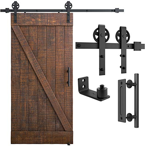 SMARTSTANDARD 6.6ft Heavy Duty Sliding Barn Door Hardware Kit, Black, (Whole Set Includes 1x Pull Handle Set & 1x Floor Guide) Fit 36-40 Wide Door Panel (Big Industrial Wheel Hangers)