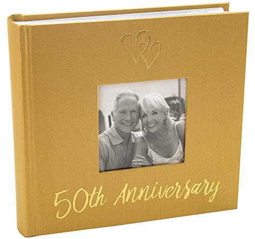 Happy Homewares Lovely Golden 50th Wedding Anniversary Photo Album with Double Heart Decoration - Inner Lining Pages to Personalize