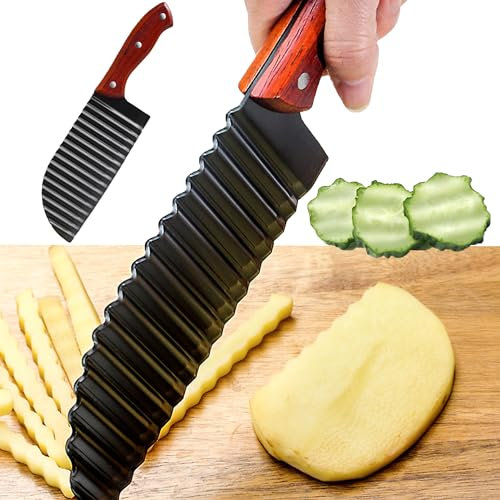CINY Cortador de Papas Arrugadas Cortador De Viruta Cuchillo Ondulado De Acero Inoxidable Cuchillo para Patatas Corrugado, Cortador De Chips para Verduras, Patatas, Cebollas (Mango De Madera)