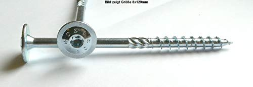 Tellerkopf-Holzbauschrauben 8 x 160mm, T-40, weiß verzinkt, Handwerkerqualität, Konstruktionsschrauben (10 Stück)
