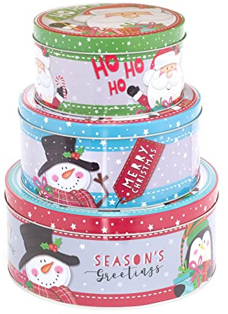Carousel Home Set Of 3 Jolly Holly Christmas Storage Tins | Triple Festive Round Nesting Tins | Fairy Cake Biscuit Cookie Muffin Treat Storage Tin Trio