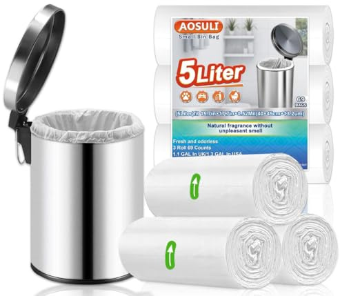 AOSULI 5L Pedal Bin Liners, Small Bin Bags for Bathroom, White, 69 Count | Leak-Proof, Tear-Resistant, Unscented, Strong Rubbish Bags for Home, Office and Toilet