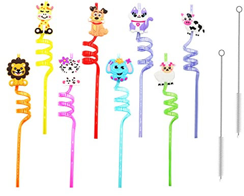 Cannucce con immagini di animali da 8 pezzi, cannucce a spirale per feste, cannucce arricciate annodate, cannucce riutilizzabili con 2 spazzole per la pulizia delle cannucce per latte, succhi.