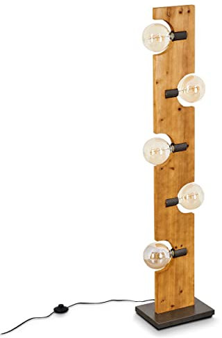 Lampadaire Santorum, lampe de sol vintage en métal/bois couleur vieil argent/naturel, lampadaire avec interrupteur à pied sur le câble, 5 flammes, 5 x E27, sans ampoules