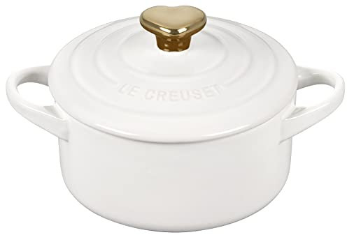 Le Creuset Figural Hearts Collection - Mini cocotte rotonda in gres porcellanato, 226,8 g, bianco con pomello a forma di cuore dorato