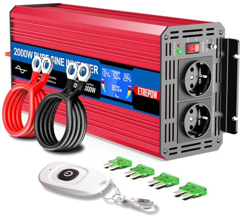 ETREPOW 2000w Convertisseur 12v 220v Pur Sinus Transformateur onduleur -2 Prise EU de Courant Alternatif,1 Port USB,télécommande sans Fil et écran LCD, pour Voiture, Camping, Voyage