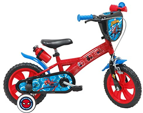 Atlas 12' Bicicleta Spiderman Equipada con 1 Freno, Placa Delantera Decorativa, Guardabarros, cárter y estabilizadores. Chico, Rojo