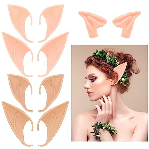 HOWAF Elfen Kostüm Elfenohren Set, Latex Ohren Spitzohren Feenohren Kopfkette Kopfschmuck Stirnband Haarband Weiche Spitzohren Karneval Kostüm für Halloween Kostüm Anime Party Cosplay Zubehör