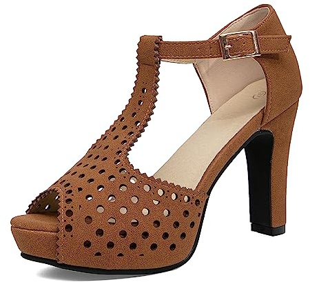 getmorebeauty Women's Vintage Heeled Sandals Suede Ankle T Straps Open Toe Pump Heel Sandals Dress Shoes（KHAKI,US7.5）