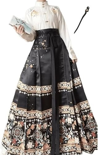 Hanfu-Pferdegesichtsrock für Damen, chinesischer traditioneller Vintage-Hanfu-Faltenrock, Rot, Blau, Schwarz, Beige, Hemd + Rock-Sets + Haarnadel aus Holz, Übergröße XL (White with Black,S)
