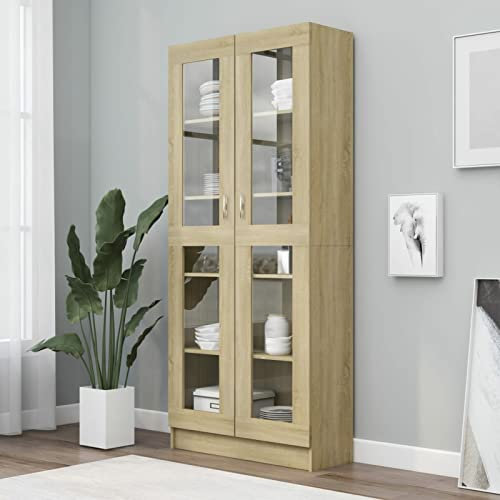 BaraSh Vitrinenschrank Sonoma-Eiche 82,5x30,5x185,5 cm Holzwerkstoff BüCherschrank Mit TüRen Wohnzimmer Vitrinenschrank Vitrine