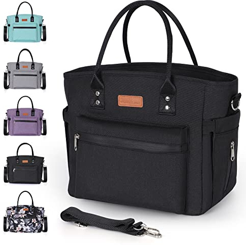 Lonchera aislada para mujeres y hombres, lonchera a prueba de fugas con correa para el hombro, bolsa térmica grande para adultos, bolsa de almuerzo reutilizable negra para oficina, trabajo, picnic,