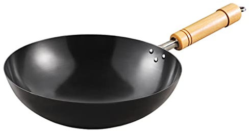 Wok e padelle per friggere, Padella Wok Forgiata A Mano, Pow Wok Cinese Tradizionale in Acciaio al Carbonio Martellato a Mano con Manico in Legno per Fornelli Elettrici a Induzione
