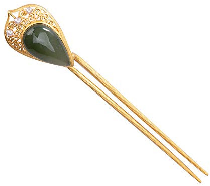 Vintage-Haarstab for Dutts, U-förmig, 925er Silber, Retro-Haarstäbchen for Frauen, grüne Hetian-Jade, Haarnadel, Perle, vergoldet, ethnische Haargabeln, 2 Zinken, Hochsteckfrisur, Chignon-Nadeln