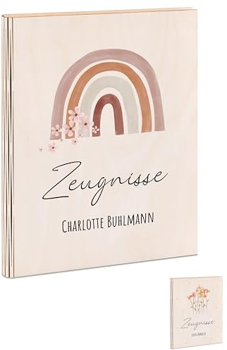Bärenfreunde® - Personalisierte Holzzeugnismappe mit hochwertigem Spezial-Druck - Einschulung Geschenk für Jungen & Mädchen (Regenbogen Blumen)