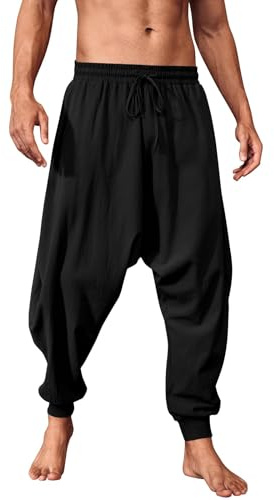 Runcati Pantaloni Da Uomo Tinta Unità Nero L Pantaloni Estivi Vichinghi Pirata Medievale Leggeri Elastici Vita Baggy Casual Con Coulisse E Tasche Hippie