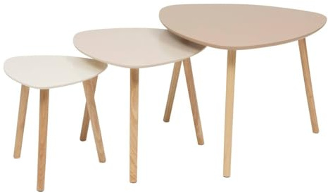 Atmosphera - Mesas Nido Mileo, Juego de 3, Beige, Patas de Madera, Altura 45 cm - Mesa Auxiliar para salón y Dormitorio