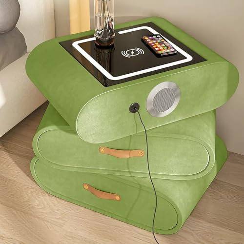 Charging Station Rotating Smart Nightstand, Modern Bed end Table with Drawers and Leather Handle - Tall Side end Bedside Table with Storage
