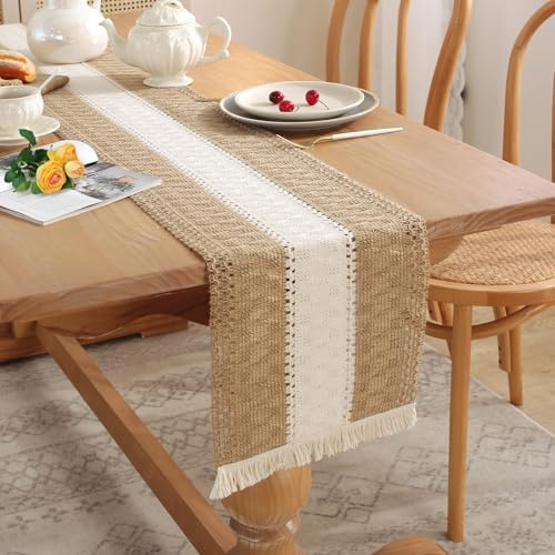 Figarge Makramee Tischläufer Beige Tischläufer Boho mit Quasten 30x183 cm, Häkelspitze Tischläufer für Deko Boho, Hochzeit Party, Esstisch Dekor-Abwaschbar (Weiß, 180X30 cm)