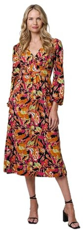 Izabel London Tropical Floral Print Long Sleeve Midi Dress for Women UK with a v-Neck and an Empire Waist. Orange