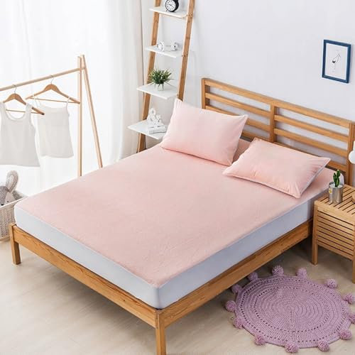 Bettlaken Boxspringbett 153x203cm Frottee Wasserabweisend mit 2 Kopfkissenbezug, Spannbetttuch Rosa Einfarbig Spannleintuch Matratzenhöhe bis 25cm Hoch