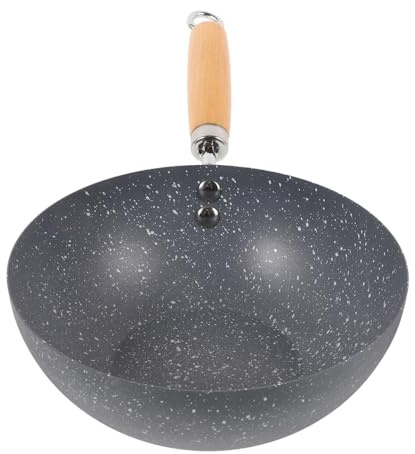 CONGARTENO Wok Petit à Revêtement Antiadhésif Motif Marbré, en Fer Inoxydable et Bois, Conduction Rapide, Cuisine Domestique