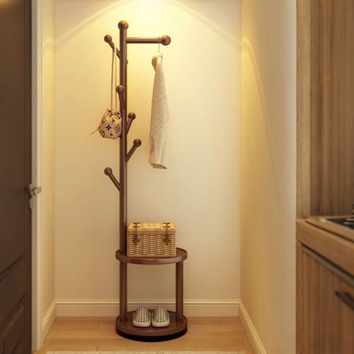Drehbarer Jackenständer Garderobenständer aus Massivholz 187CM Modern Kleiderbügel Stand mit 7 Haken und 2 Ablage Freistehender Stabiler Baumförmige Garderobe für Flur, Schlafzimmer, bis zu 100KG
