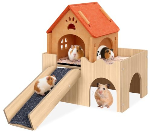 Mittimiya 3-in-1 Meerschweinchen Haus mit Plattform und Treppe | Hamster Haus aus Holz, Meerschweinchen Zubehoer Kaninchenhaus für Kleintiere