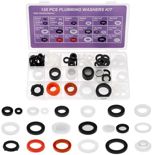 QWORK® 135 PCS Set di guarnizioni in gomma sanitaria e assortimento di guarnizioni in silicone piatte - per riparazione di rubinetti, teste di doccia e tubi da giardino