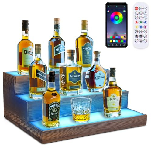BEARUT 3-stöckiges Weinregal mit Licht, LED, Likör-Flaschen-Vitrine, Acryl, beleuchtet, Bar, Flaschen-Display, Regal, RGB-Beleuchtung für Zuhause, kommerzielle Bar, Party, Massivholz