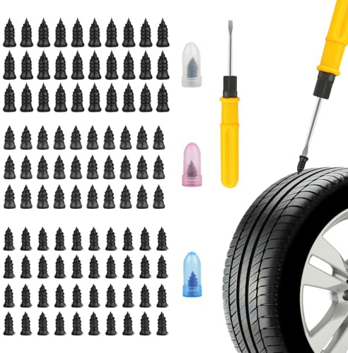 FungLam 100 Stück Reifen Reparatur Nagel mit Schraubendreher,Reifenreparatur-Gumminagel,für Auto,Motorrad,LKW,Fahrrad,Reifen Loch Schnelle Reparatur,Self-Service Rad Loch Reparaturen (40S+30M+30L)