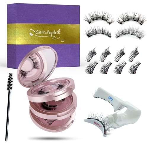 Chlffua Magnetische Wimpern Pink Set – 4 Paare Falsche Wimpern Natürlich Look mit Applikator, 3/4 Halb & Vollwimpern, Wiederverwendbare Magnetwimpern ohne Kleber, 3-Lagen Box mit Spiegel
