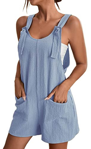 Short Dungarees for Women UK - Loose Fit Summer Jumpsuit Adjustable Tie Strap Playsuit with Side Pockets, Casual Romper for Holiday, Beach & Daily Wear