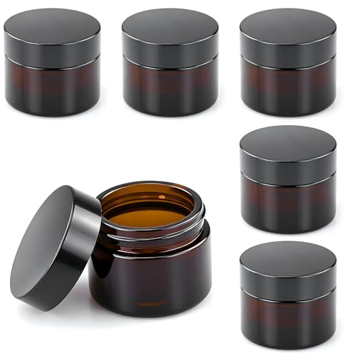 Lot de 6 pots en verre ambré de 50 ml, pots à crème remplissables, pots à onguent, contenants cosmétiques, pots vides avec couvercles et doublures pour cosmétiques, lotions, crèmes