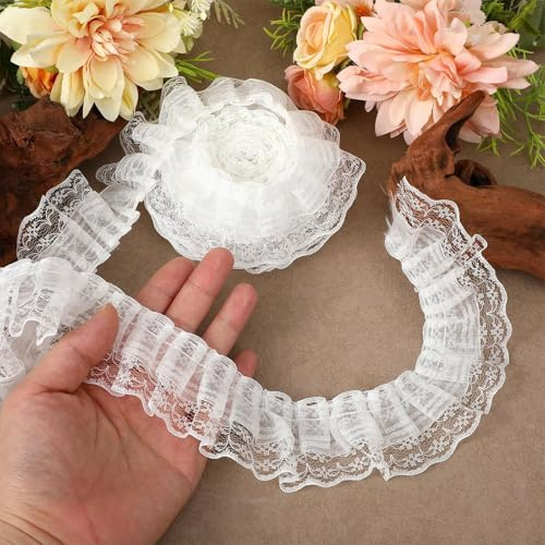 Cinta de Encaje con Volantes, 5 Yardas Puntillas de Encaje, Malla Gasa Fruncida, para Costura Artesanal, Vestido Novia Boda, Decoración DIY