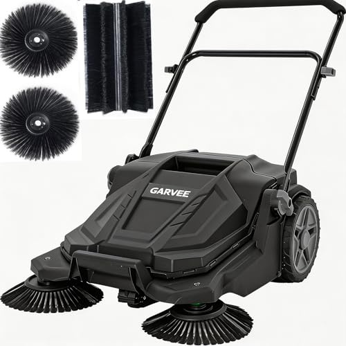Walk-Behind - Spazzatrice manuale per pavimenti da esterni, larga 65,6 cm, manuale, non elettrica, con cestino per rifiuti da 5,25 galloni, manico pieghevole regolabile, resistente, per garage, patio