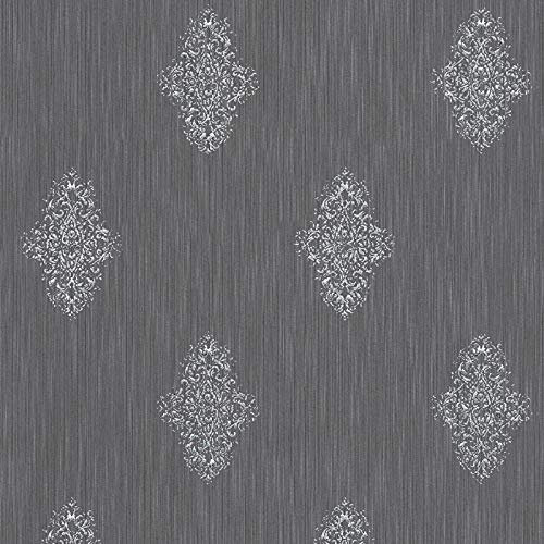 Neobarock Tapete in Anthrazit | Graue Ornament Tapete mit Muster und Silber Glitzer Effekt | Wohnzimmer und Schlafzimmer Textiltapete im Barock Stil