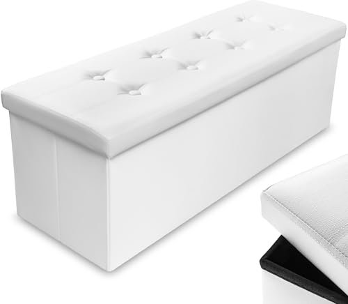 Nyxi Foldable Ottoman Storage Box, 110x38x38cm, 120L Capacity Faux Leather, Multi-Purpose 2-Seater, Foot Stool, Storage Organizer with Lid for Kids Toys, Bedroom, Hallway, Living Room, White