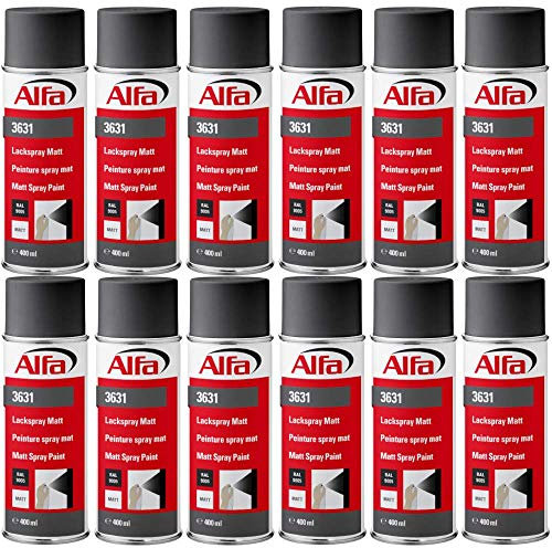 Alfa Sprühlack RAL 9005 Tiefschwarz 12 x 400 ml Matt für innen und außen - Lackieren und Dekorieren, hohe Deckkraft Farbspray, Sprühdose, Made in Germany