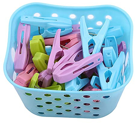 TopHomer 30Pcs Clothing Clips Pegs With a Basket Multifunction Clothes Clips Windproof Clothes Pins for Clothesline/Clothing/Socks 4 Colors Basket for Choose