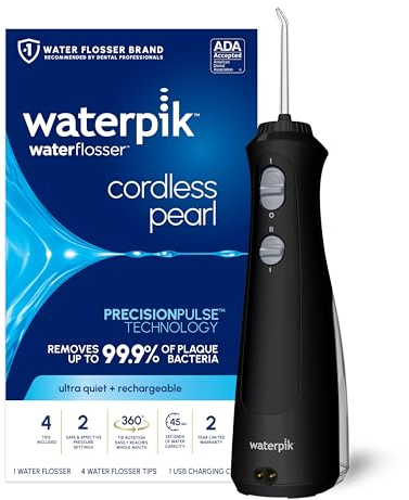 Waterpik Cordless Pearl Rechargeable Portable Water Flosser for Teeth, Gums, Braces Care and Travel, Extra Quiet, 4 Flossing Tips - ADA Accepted, WF-13 Black, Amazon Exclusive