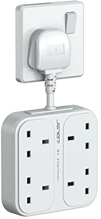 JSVER Plug Extension USB,Extension Lead with 4 USB Slots(3 USBA+1 USB C) Power Socket with 4 Way 4 USB Charging Station(17W) Power Strip Surge Protection for Home Travel,White