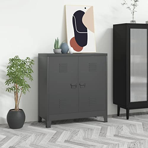 Makastle Vertikaler Kleiner Spind Sideboard Beistellschrank Vitrinenschrank Büroschrank Metallschrank mit 2 Einlegeböden & Lüftungsschlitzen, Industrie-Stil, Anthrazit 90x40x100 cm Stahl