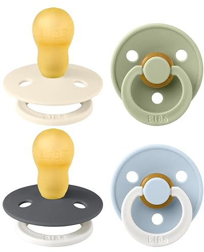 BIBS Colour Glow Dummy, 18-48 Months, 4-Pack, Round Teat, Iron Mix | Natural Rubber Latex | Size 3 | BPA-Free | Made in Denmark | Glow Handle | High Teat Acceptance | Airflow Holes