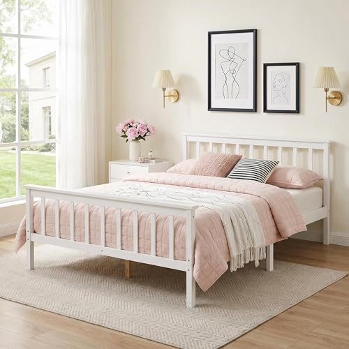Panana Double Bed Frame Wooden 4FT6 Bed Thicked Slats Bed Room Furniture (White)