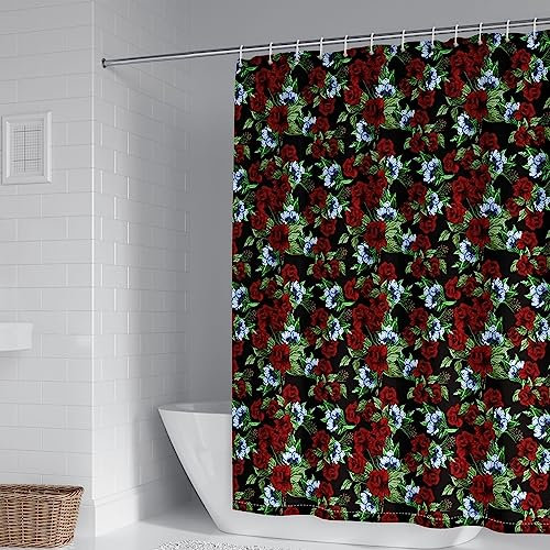 Whoiy Duschvorhang Schwarz Blumen, Duschrollo Um Die Ecke 150X200cm Polyester Shower Curtains Rosen Blumen Muster Rot Grün für Badezimmer Badewanne